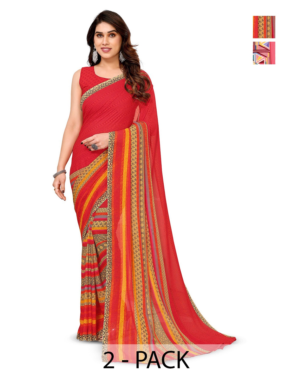 

ANAND SAREES Selection Of 2 Floral Printed Saree, Red