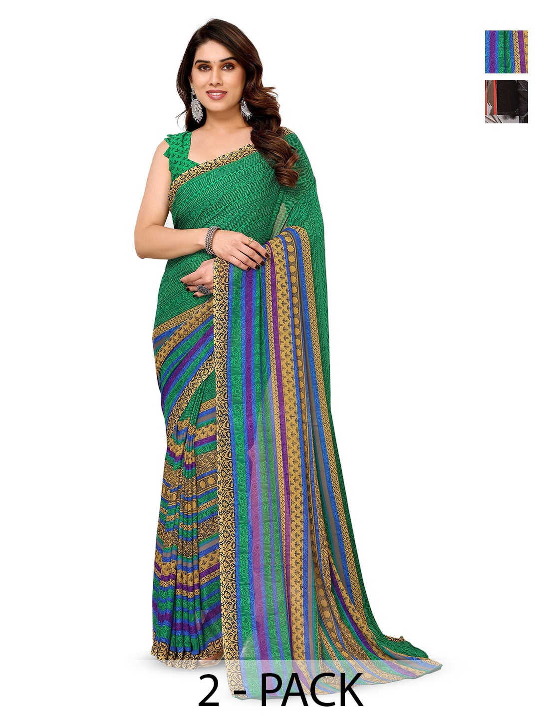 

ANAND SAREES Selection Of 2 Floral Printed Saree, Green