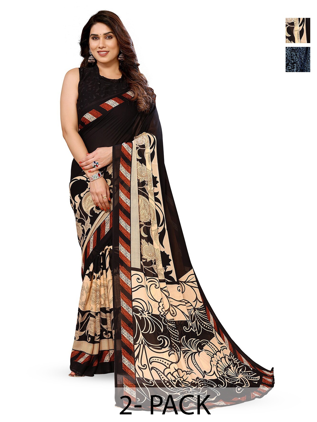 

ANAND SAREES Selection Of 2 Floral Printed Saree, Black