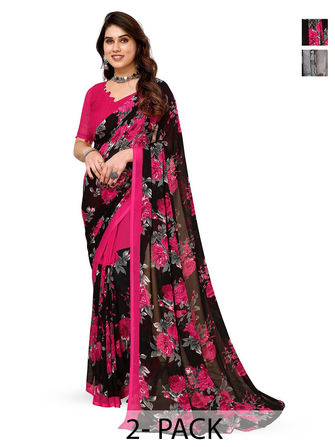 

ANAND SAREES Selection Of 2 Floral Printed Saree, Pink