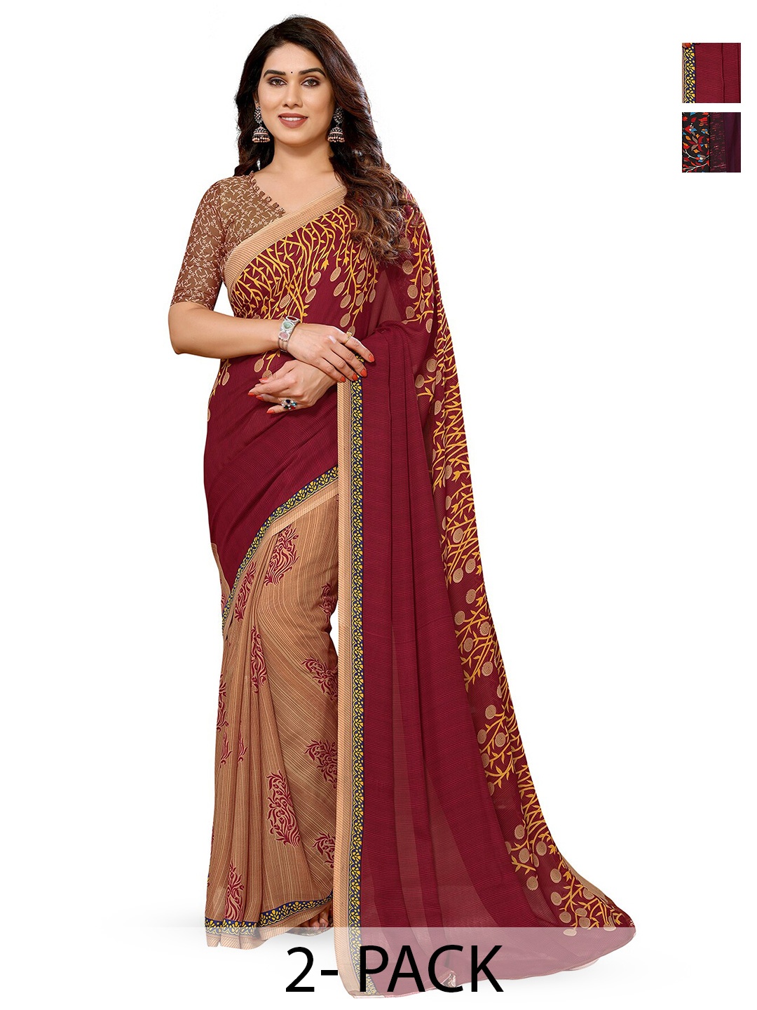 

ANAND SAREES Selection Of 2 Floral Printed Saree, Brown