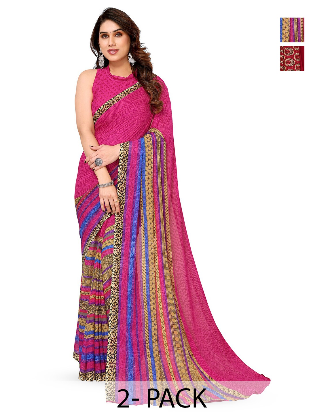 

ANAND SAREES Selection Of 2 Floral Printed Saree, Pink