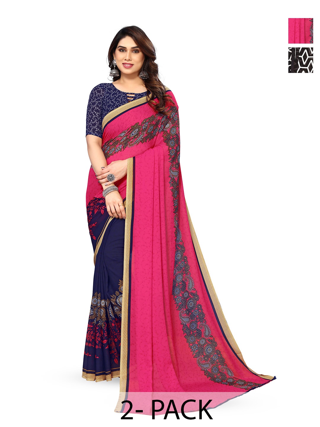 

ANAND SAREES Selection Of 2 Floral Printed Saree, Fuchsia