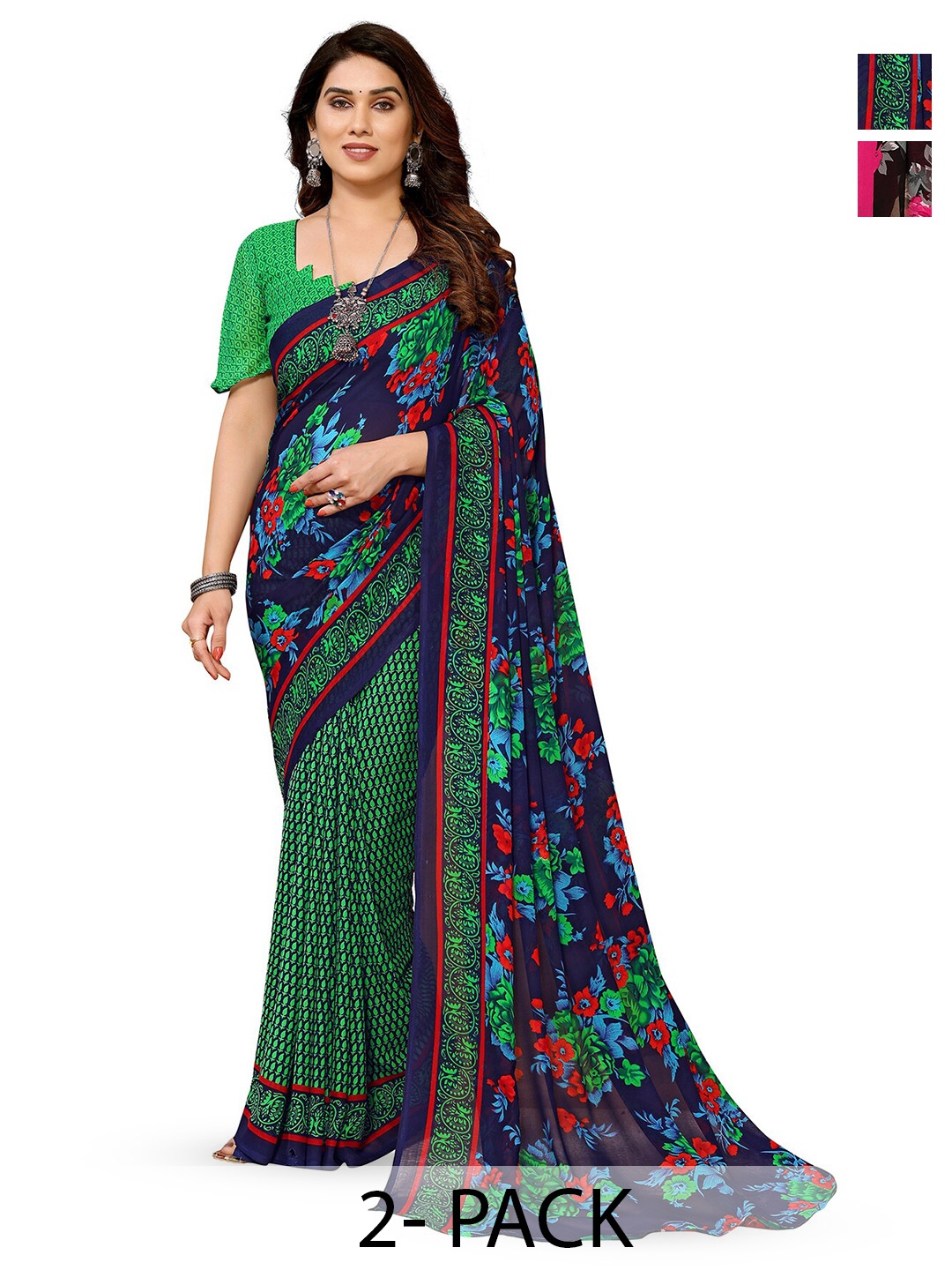 

ANAND SAREES Selection Of 2 Floral Printed Saree, Green