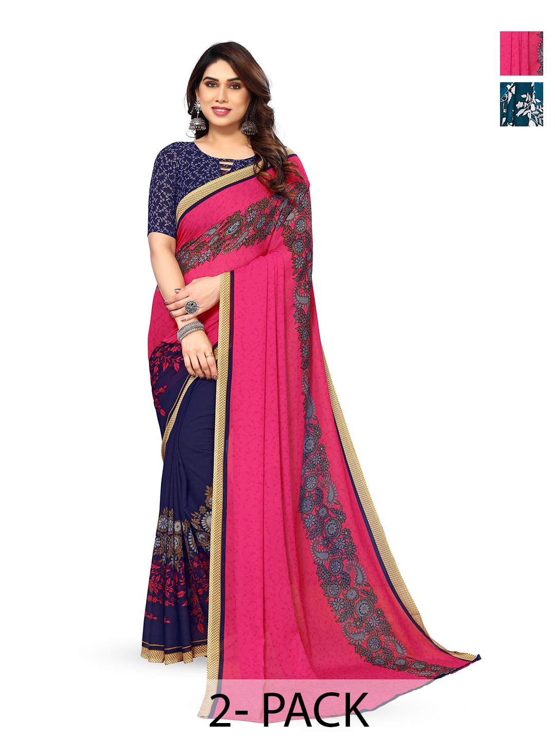 

ANAND SAREES Selection Of 2 Floral Printed Saree, Pink