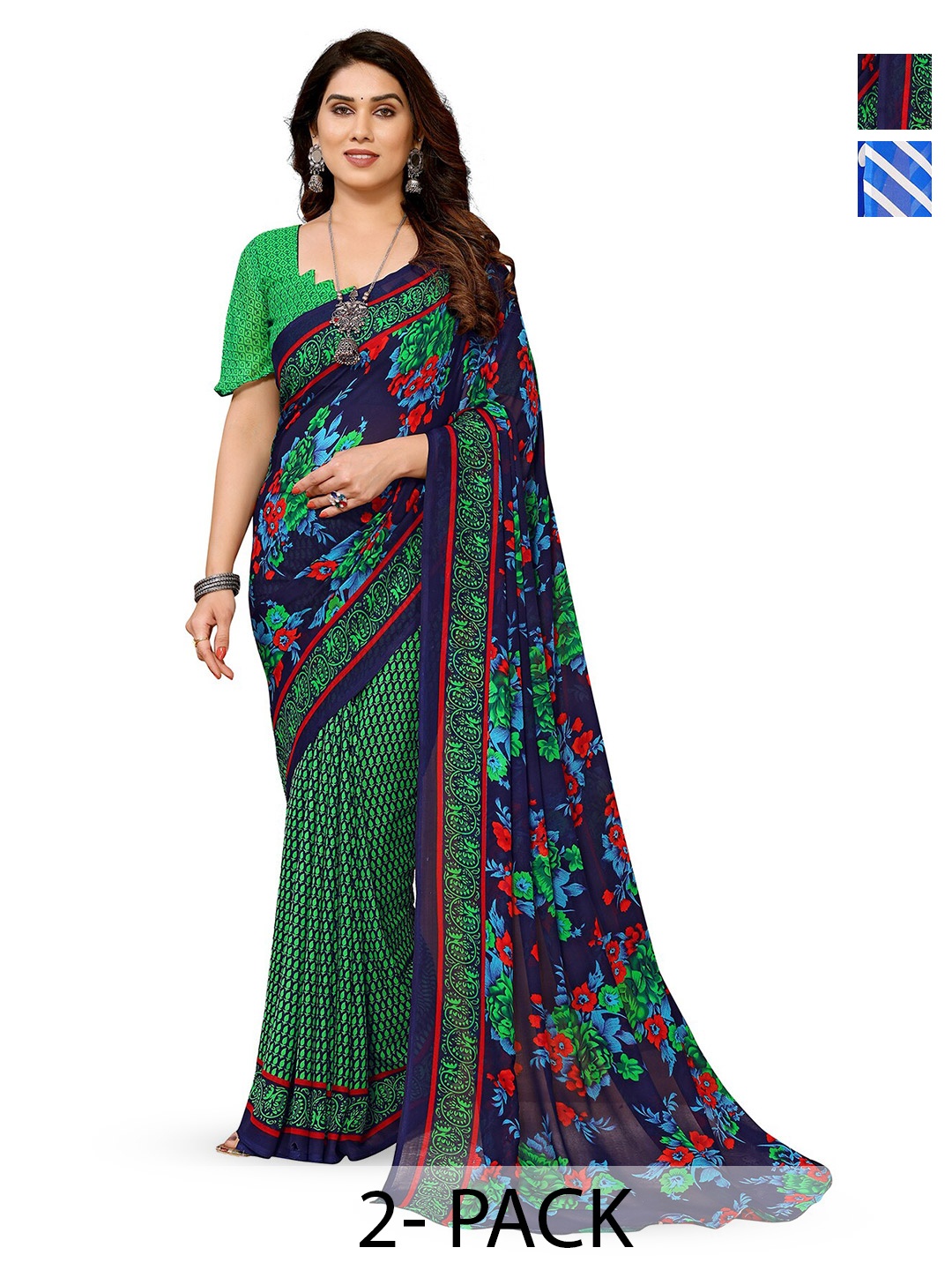 

ANAND SAREES Selection Of 2 Printed Saree, Green