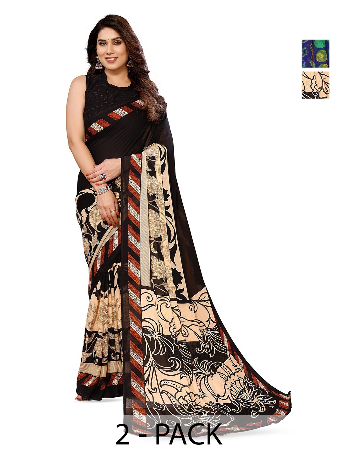 

ANAND SAREES Selection Of 2 Floral Printed Saree, Black