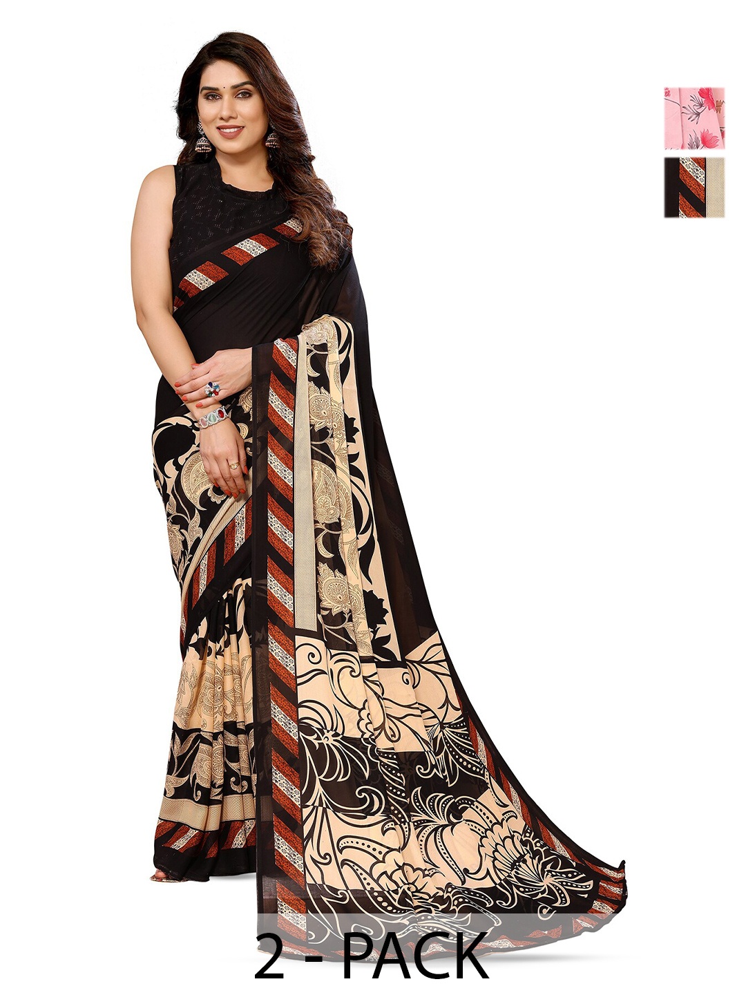 

ANAND SAREES Selection Of 2 Floral Printed Saree, Black