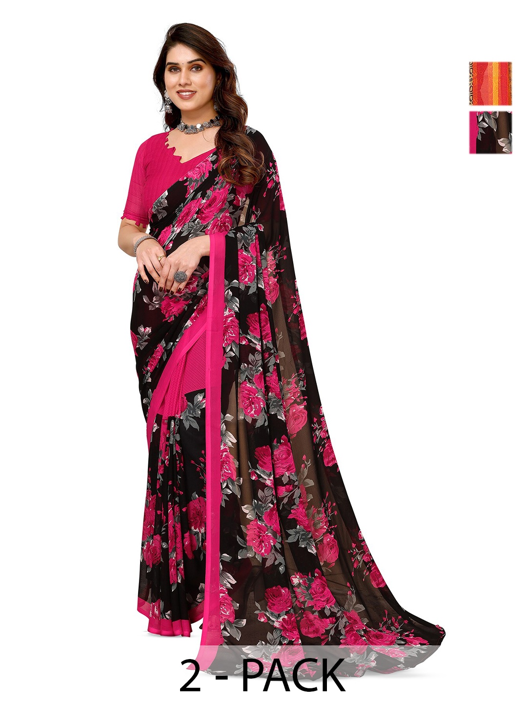

ANAND SAREES Selection Of 2 Floral Printed Saree, Black