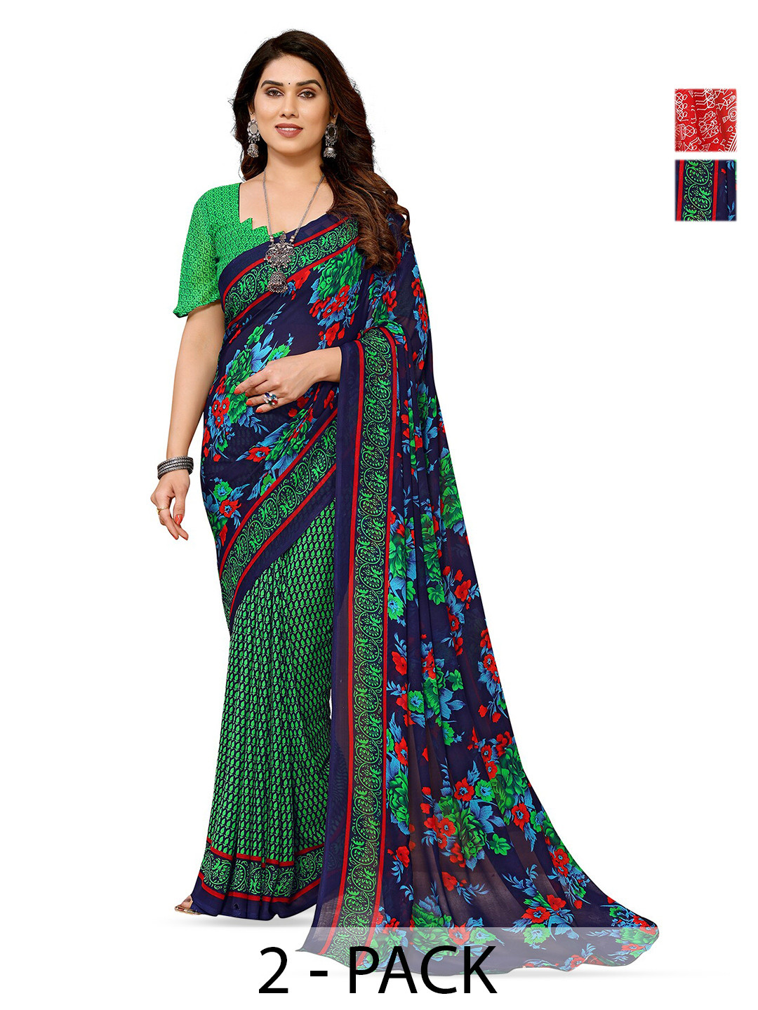 

ANAND SAREES Selection Of 2 Floral Printed Saree, Green