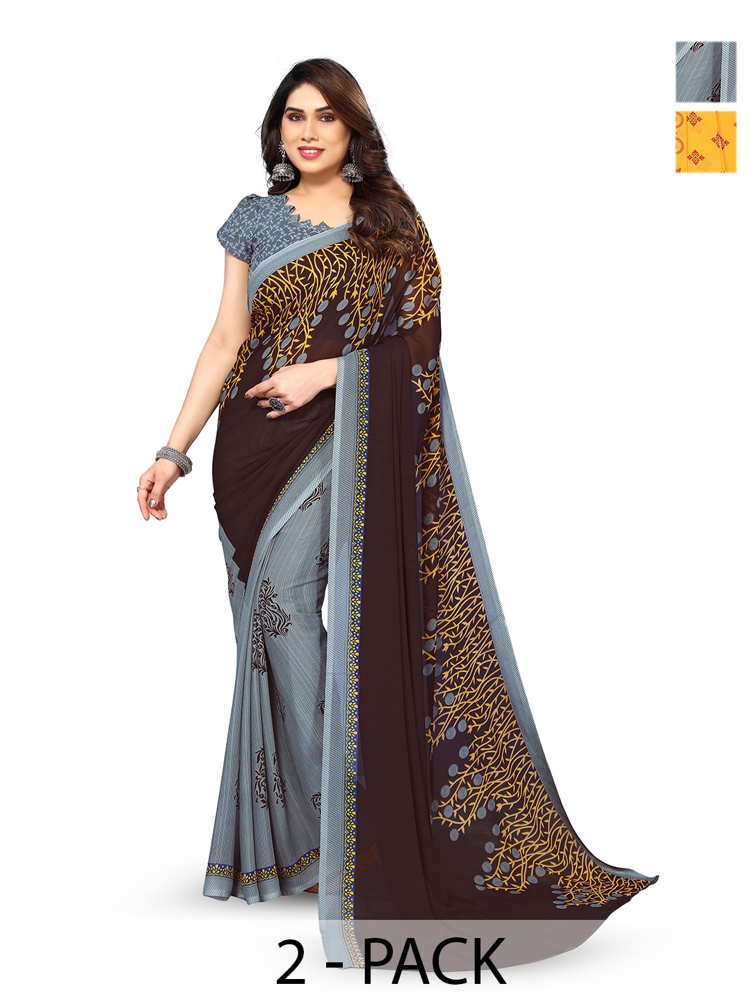 

ANAND SAREES Selection of 2 Floral Printed Half and Half Sarees, Grey