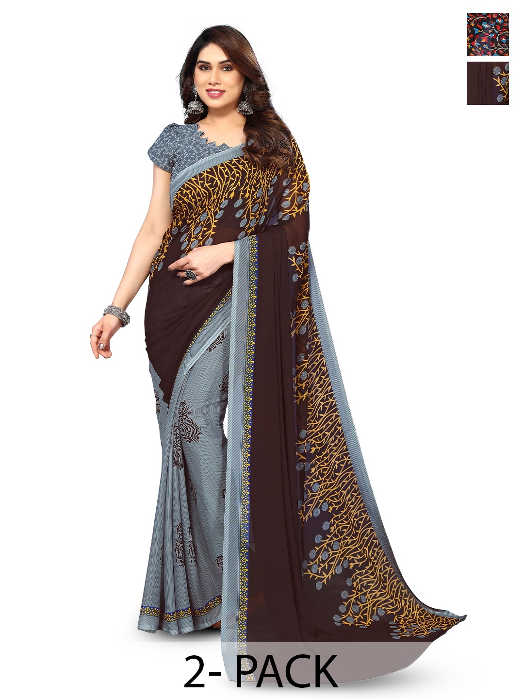 

ANAND SAREES Selection of 2 Floral Printed Sarees, Grey