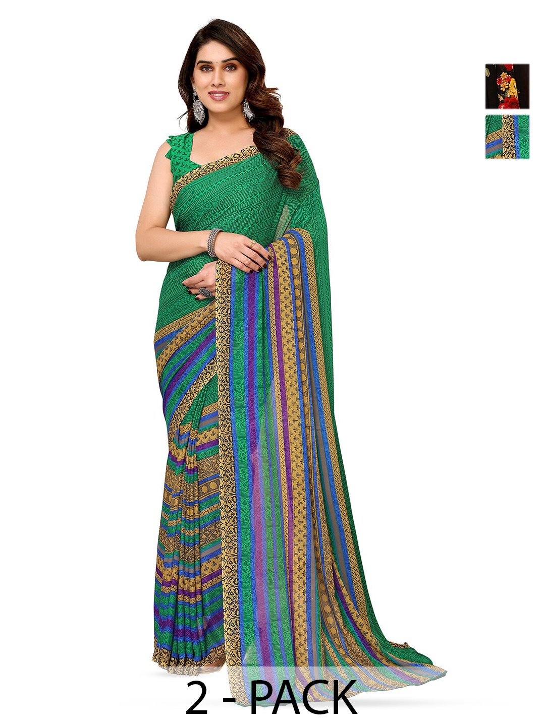 

ANAND SAREES Selection of 2 Floral Printed Sarees, Green