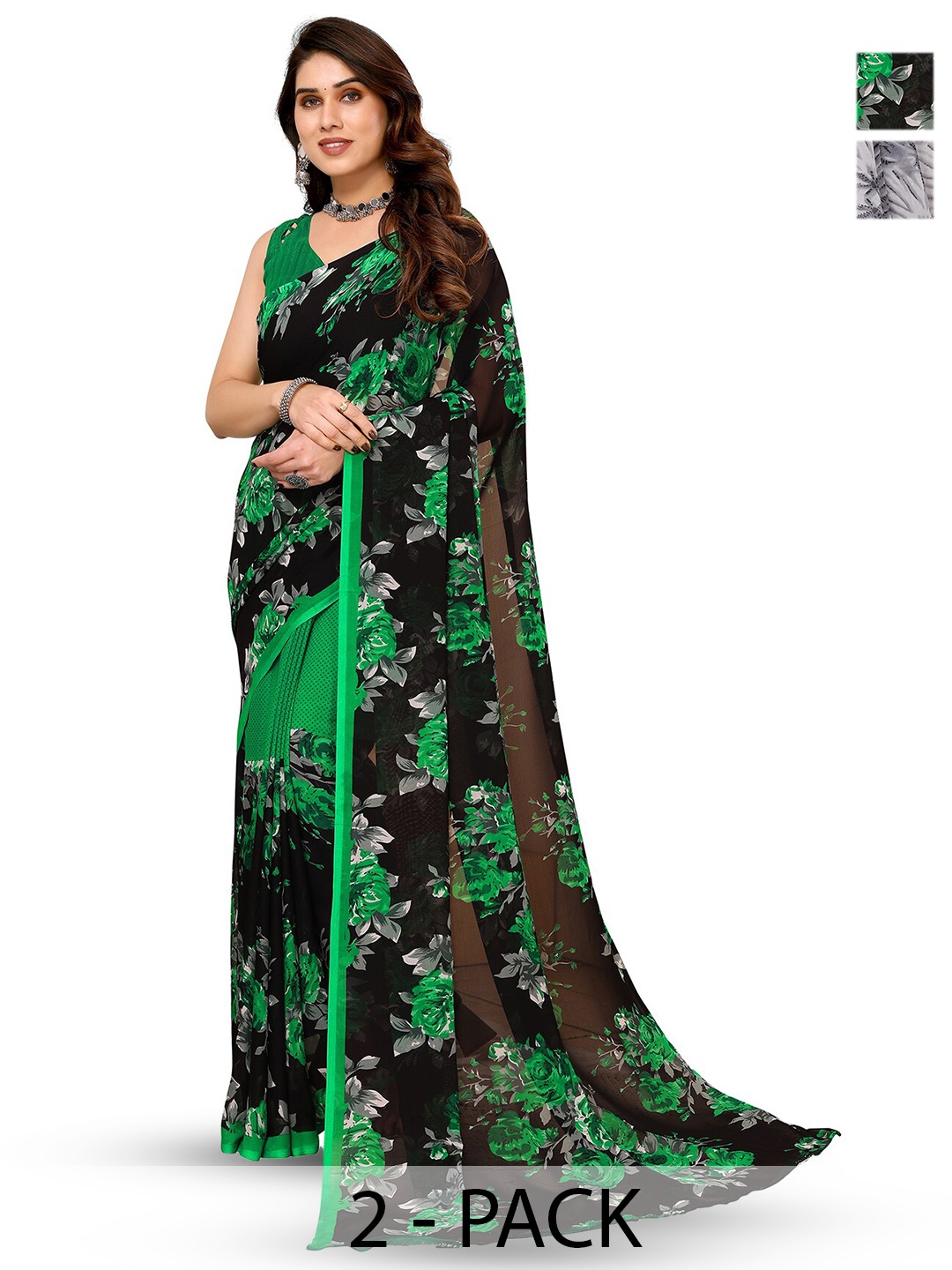 

ANAND SAREES Selection of 2 Floral Printed Sarees, Green