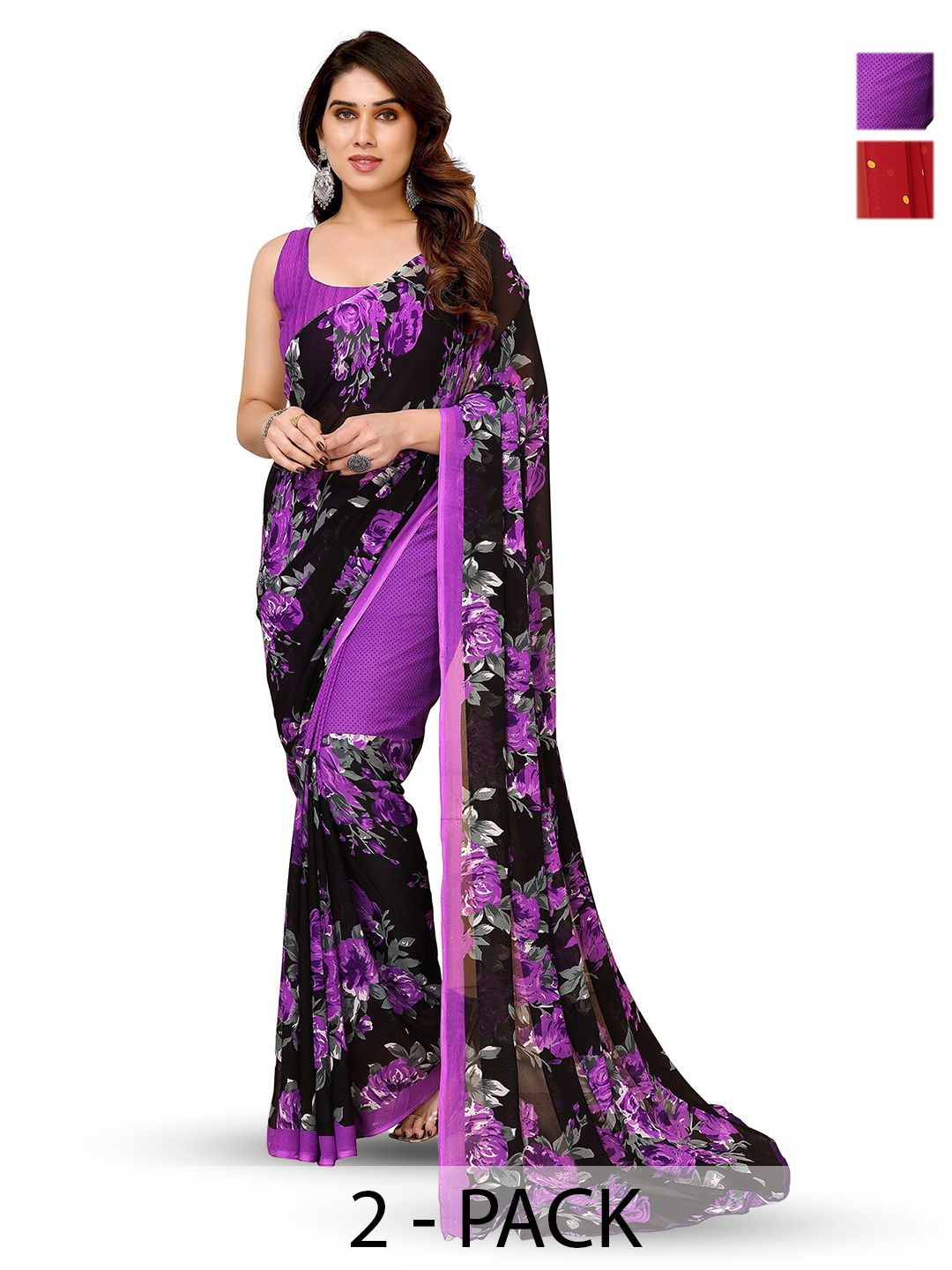 

ANAND SAREES Selection of 2 Floral Printed Sarees, Purple