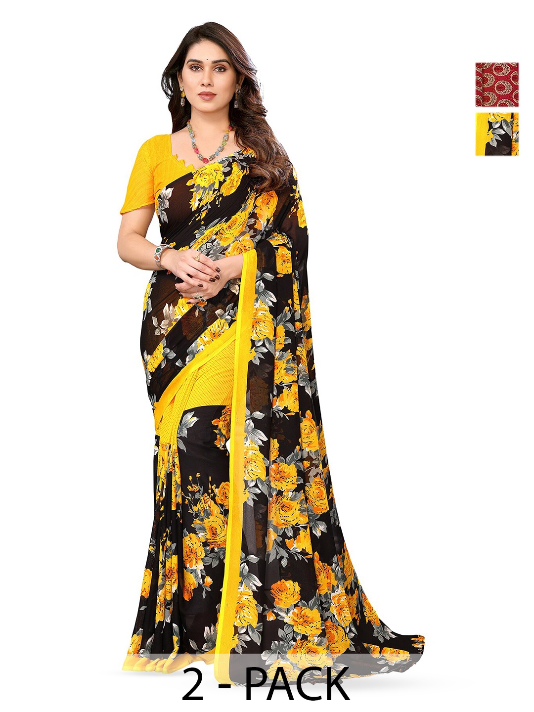 

ANAND SAREES Selection of 2 Floral Printed Sarees, Black