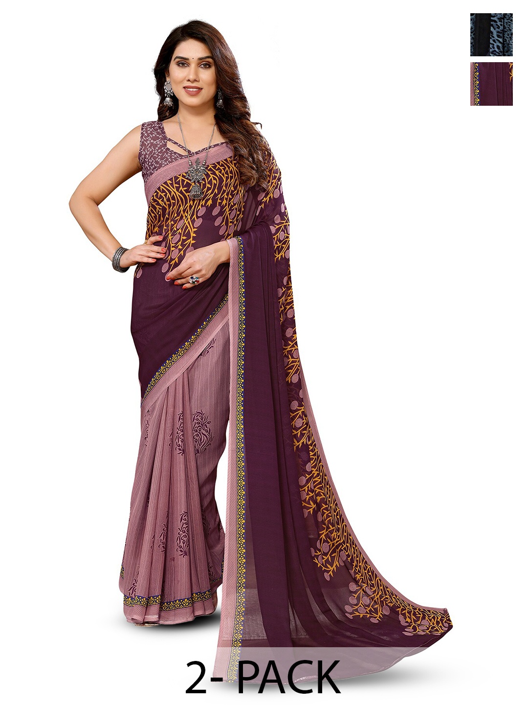 

ANAND SAREES Selection of 2 Floral Printed Sarees, Maroon