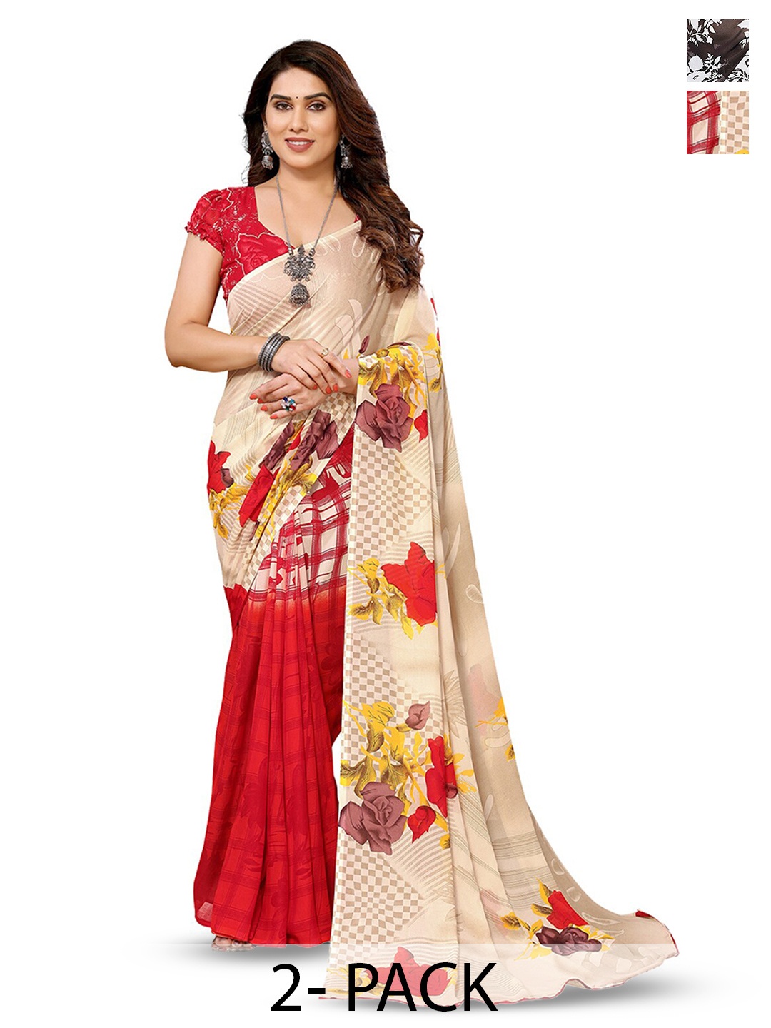 

ANAND SAREES Selection of 2 Floral Printed Sarees, Cream