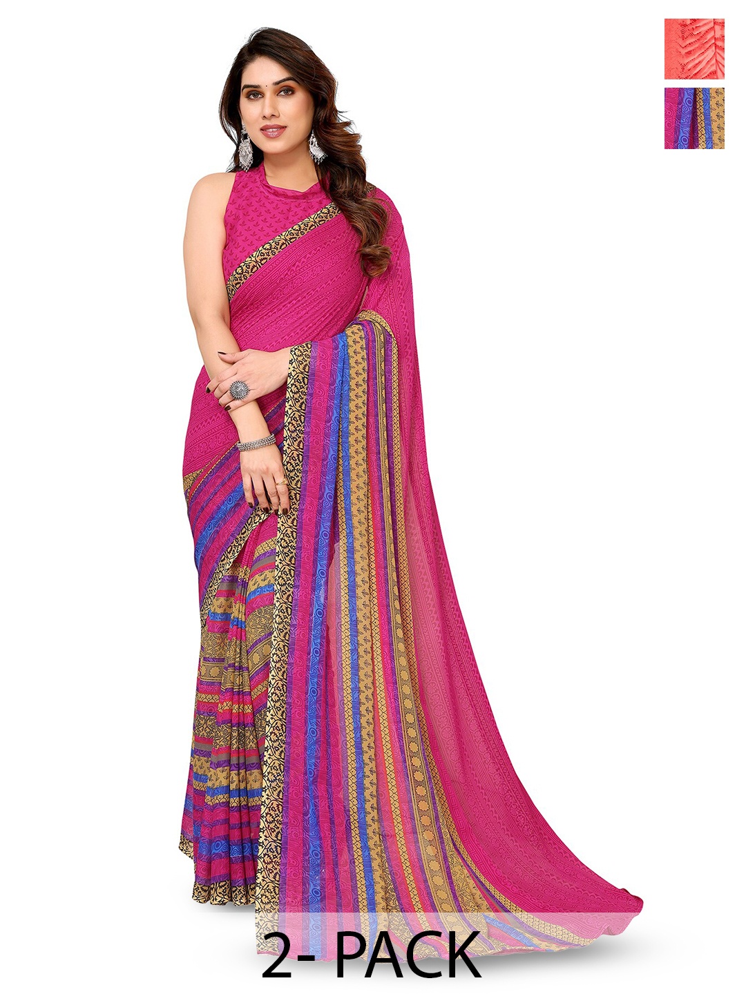 

ANAND SAREES Selection of 2 Floral Printed Sarees, Red