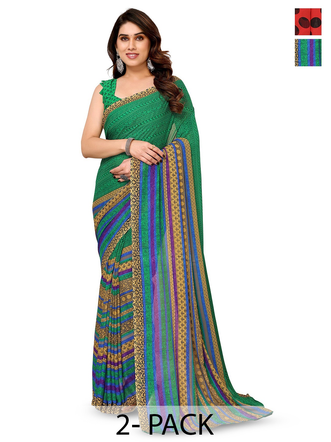 

ANAND SAREES Selection of 2 Ethnic Motifs Printed Sarees, Green