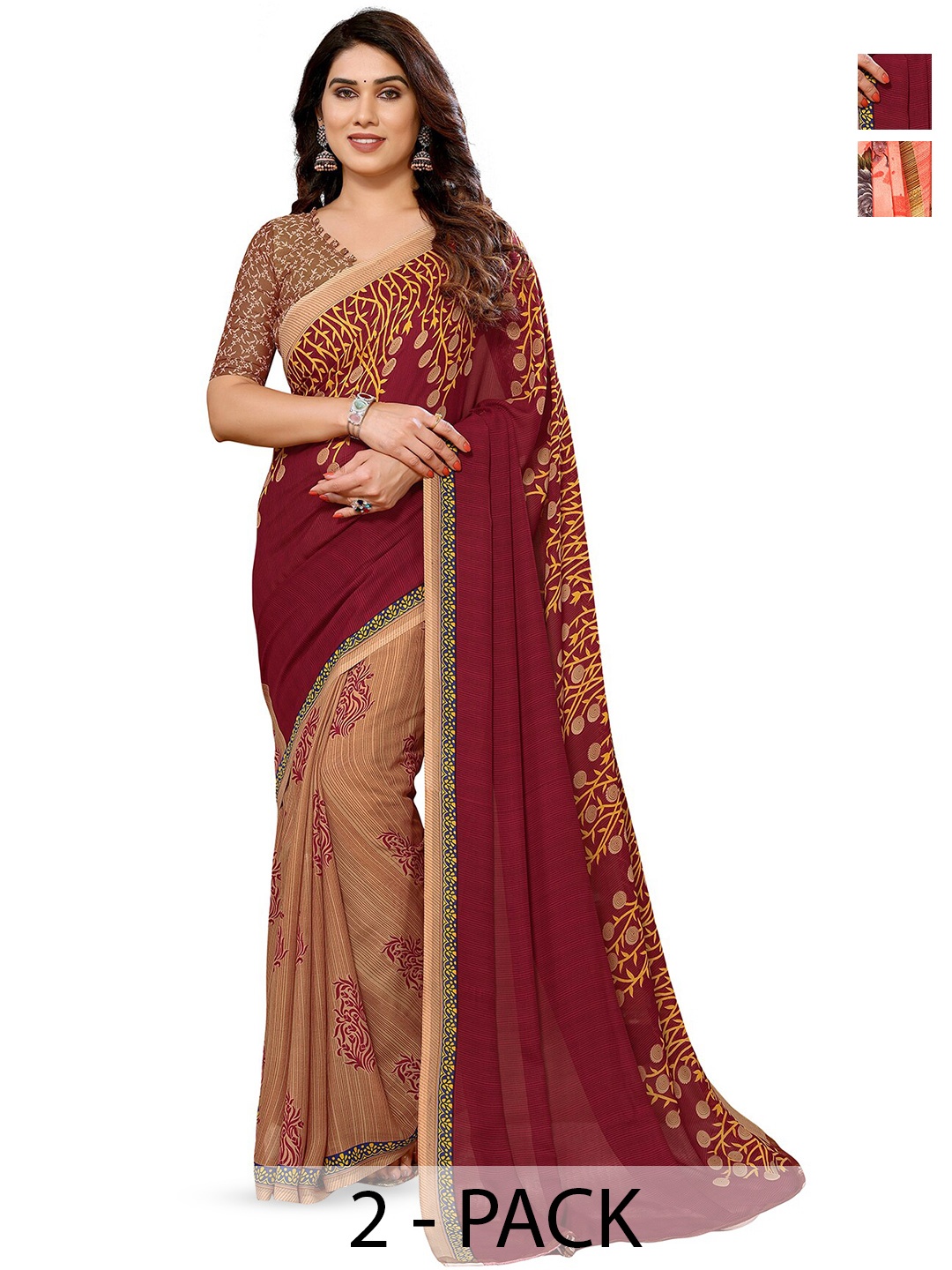 

ANAND SAREES Selection of 2 Floral Printed Sarees, Brown