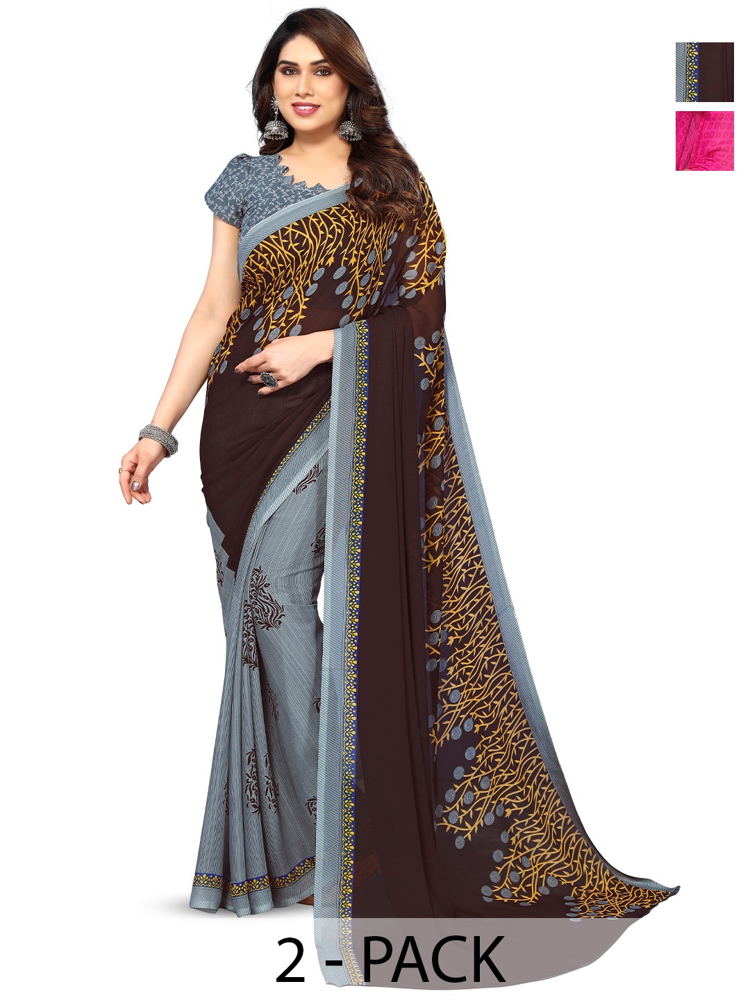 

ANAND SAREES Selection of 2 Floral Printed Sarees, Grey