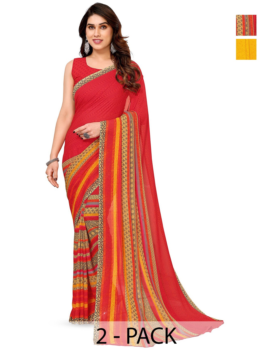 

ANAND SAREES Selection of 2 Floral Printed Sarees, Red