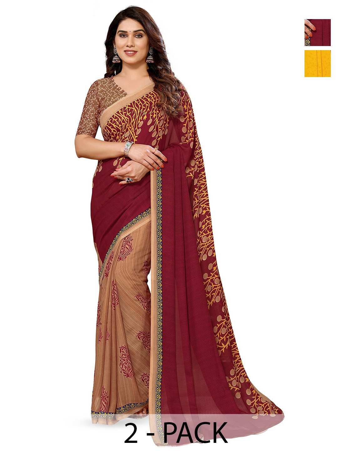 

ANAND SAREES Selection of 2 Floral Printed Half & Half Sarees, Maroon