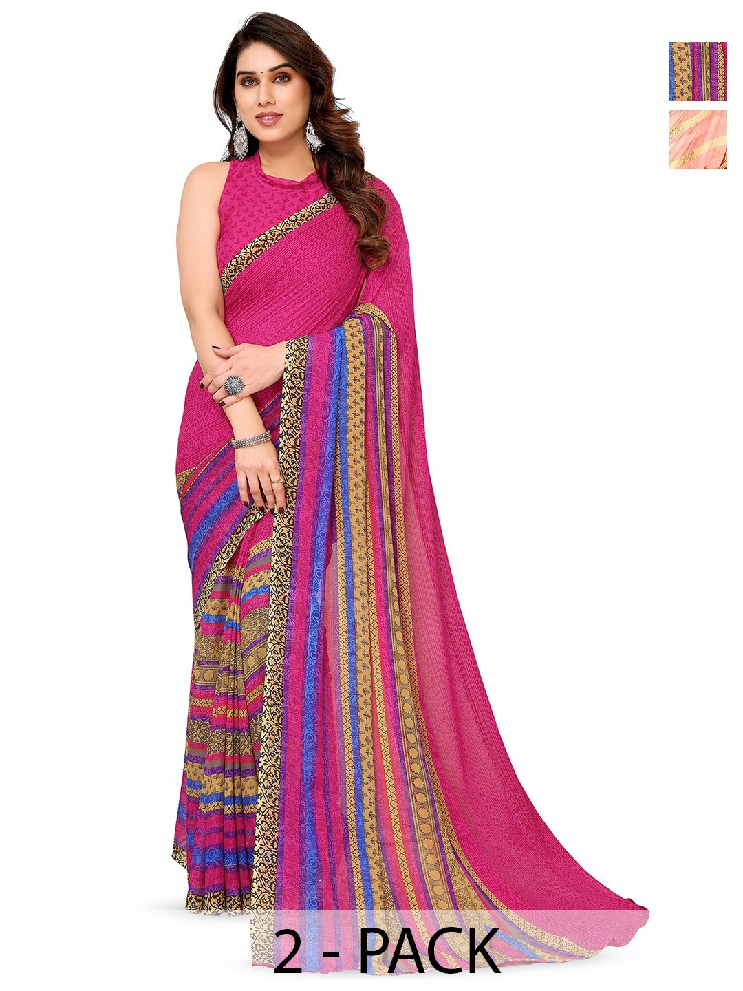 

ANAND SAREES Selection of 2 Floral Printed Sarees, Peach