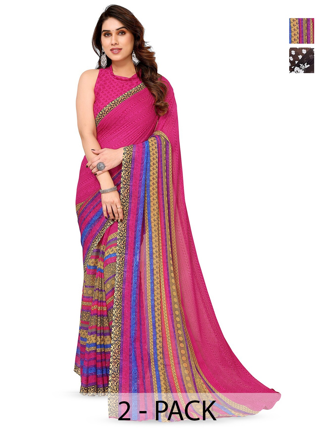 

ANAND SAREES Selection of 2 Floral Printed Sarees, Brown
