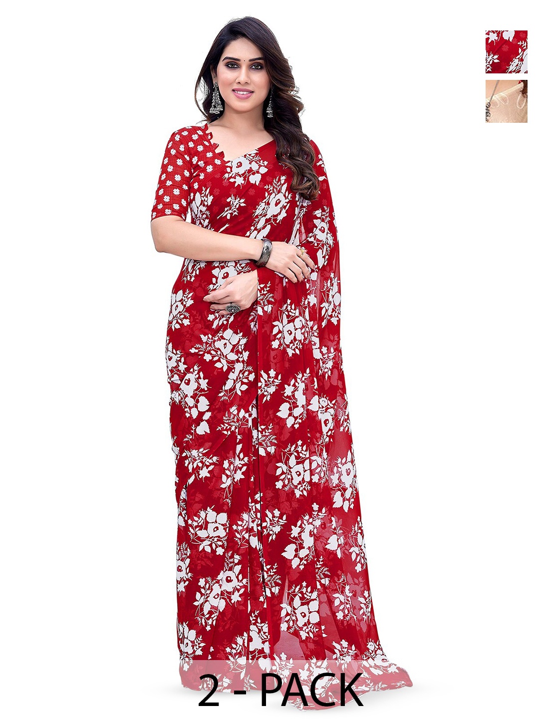 

ANAND SAREES Selection of 2 Floral Printed Sarees, Red