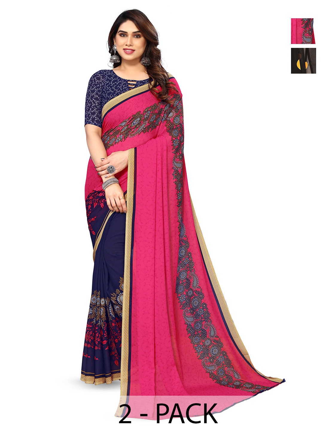 

ANAND SAREES Selection of 2 Floral Printed Half & Half Sarees, Blue