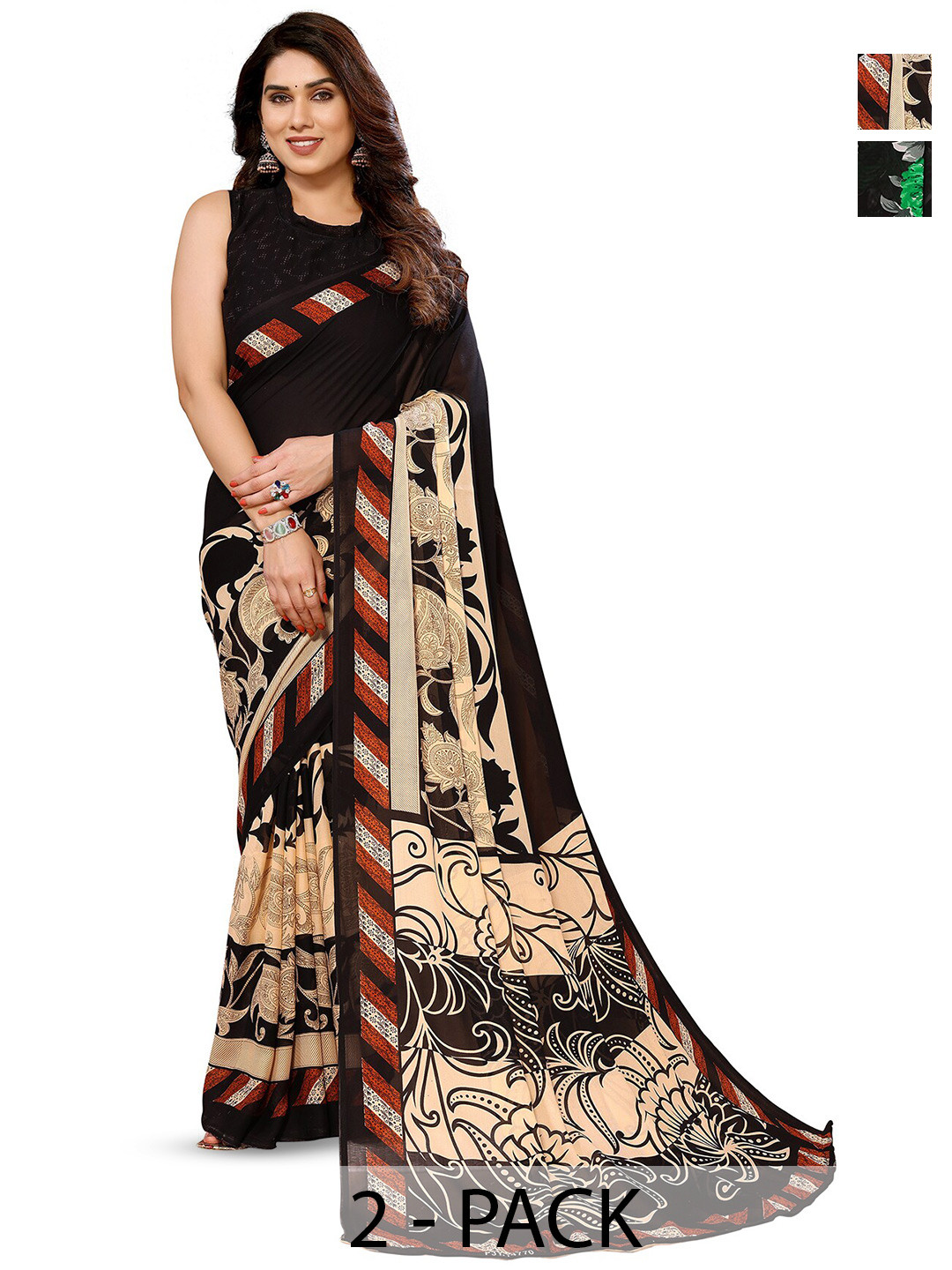 

ANAND SAREES Selection of 2 Floral Printed Sarees, Black