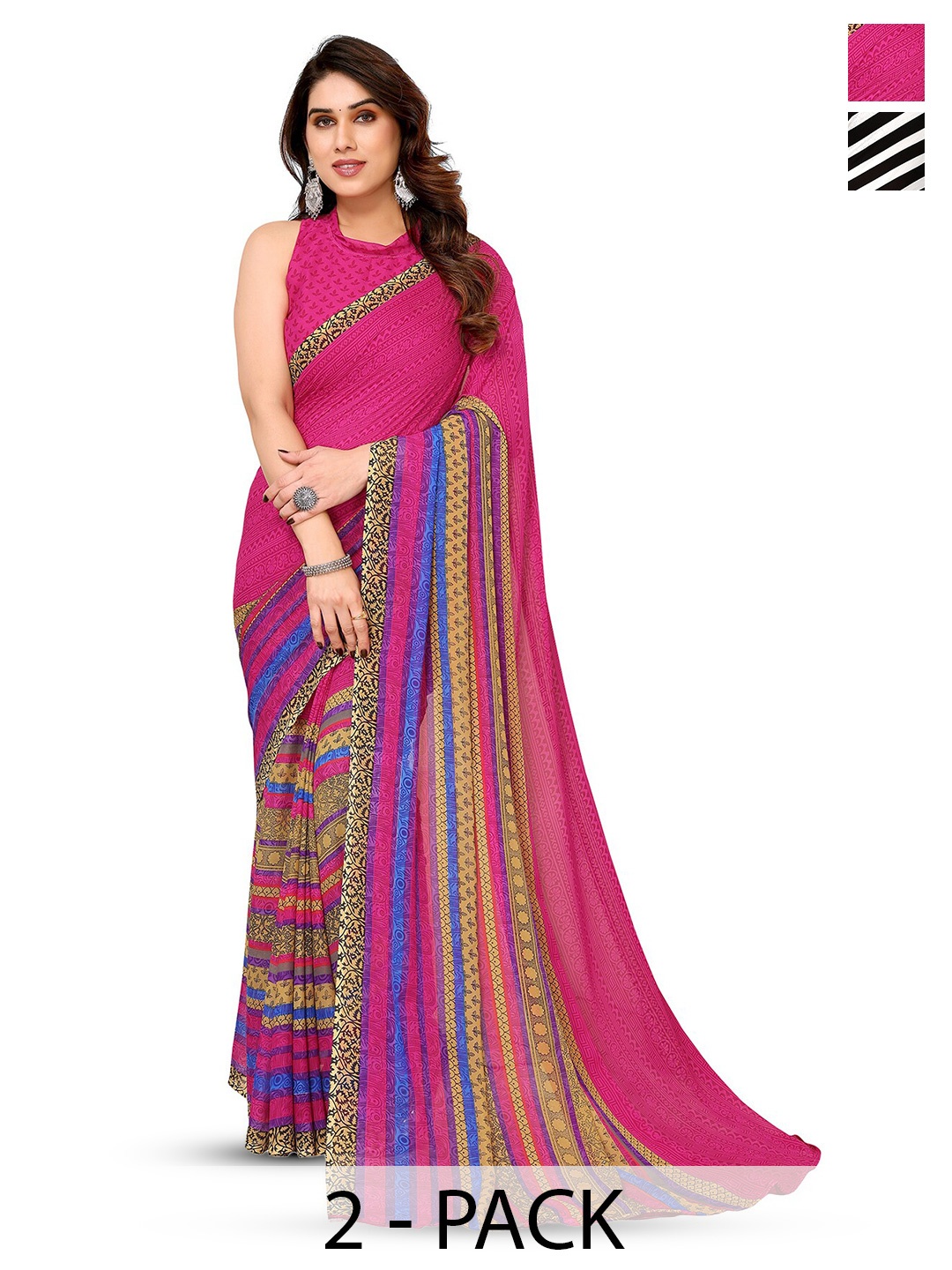 

ANAND SAREES Selection of 2 Striped Printed Sarees, Fuchsia