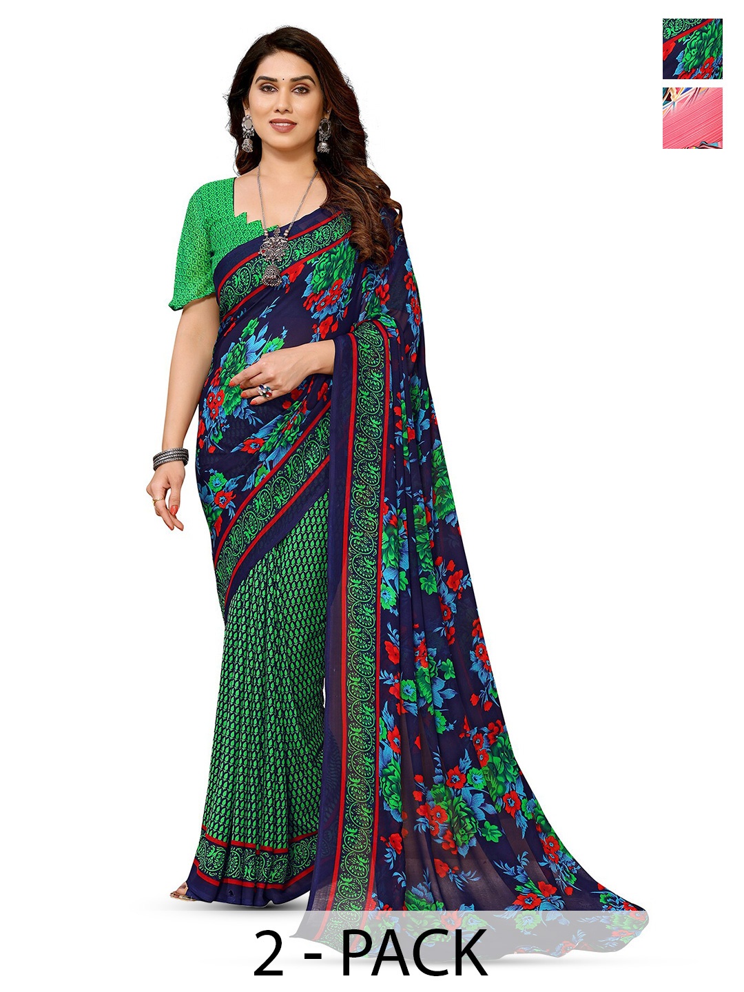 

ANAND SAREES Selection of 2 Floral Printed Sarees, Pink