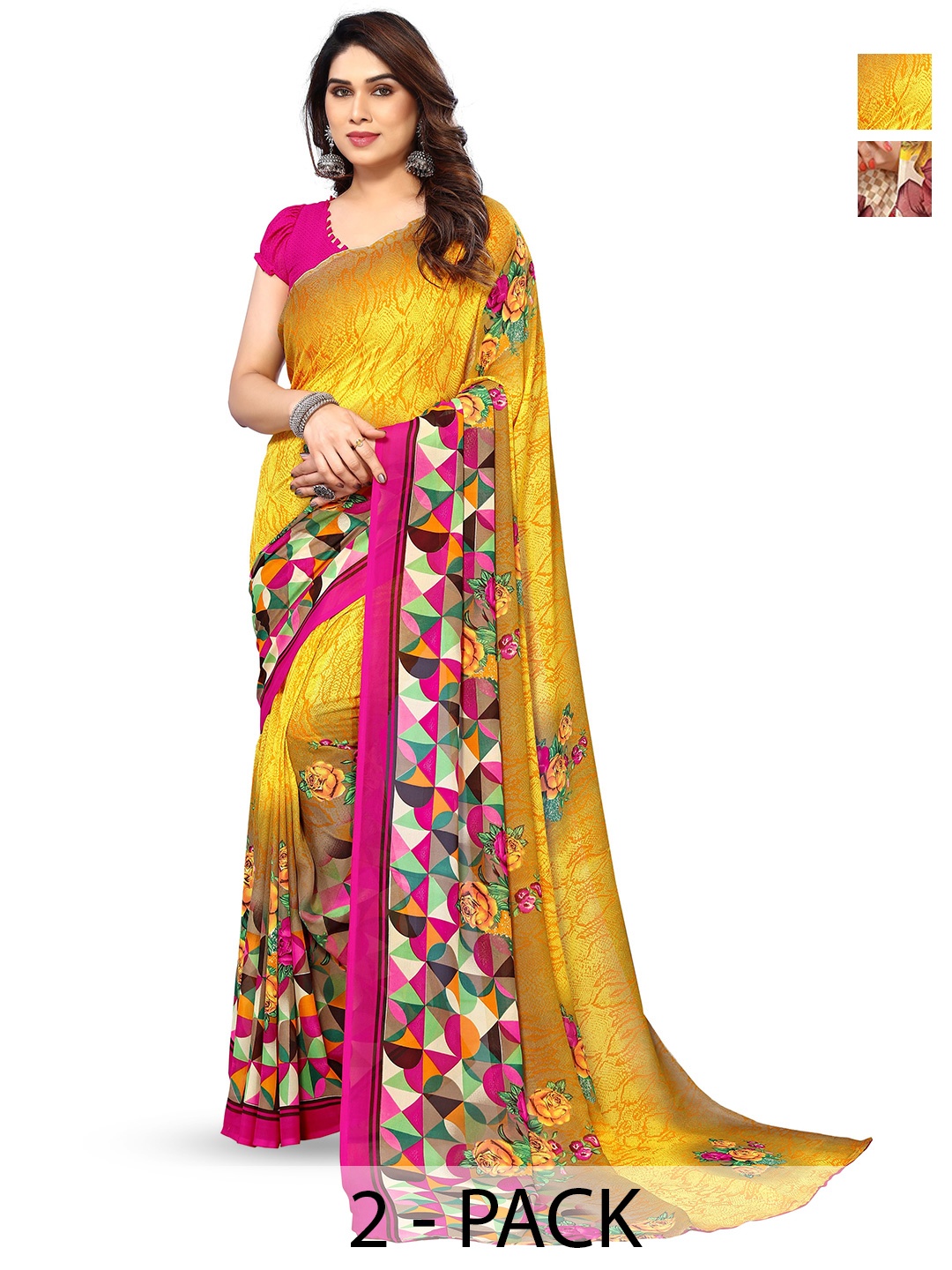 

ANAND SAREES Selection of 2 Floral Printed Sarees, Yellow