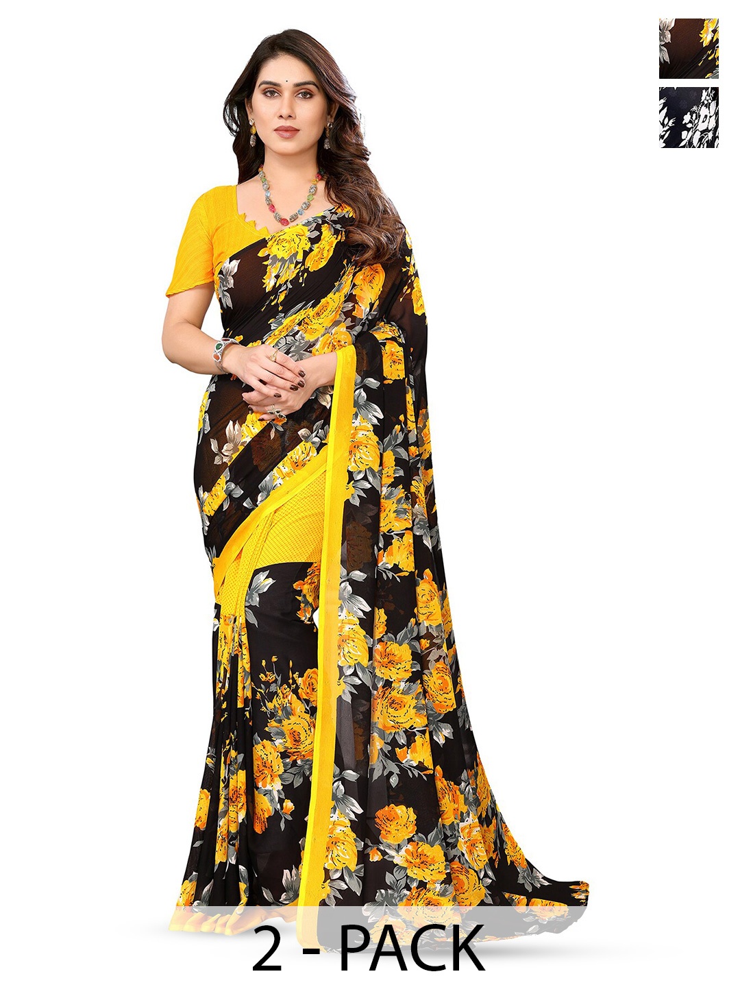 

ANAND SAREES Selection of 2 Floral Printed Sarees, Yellow