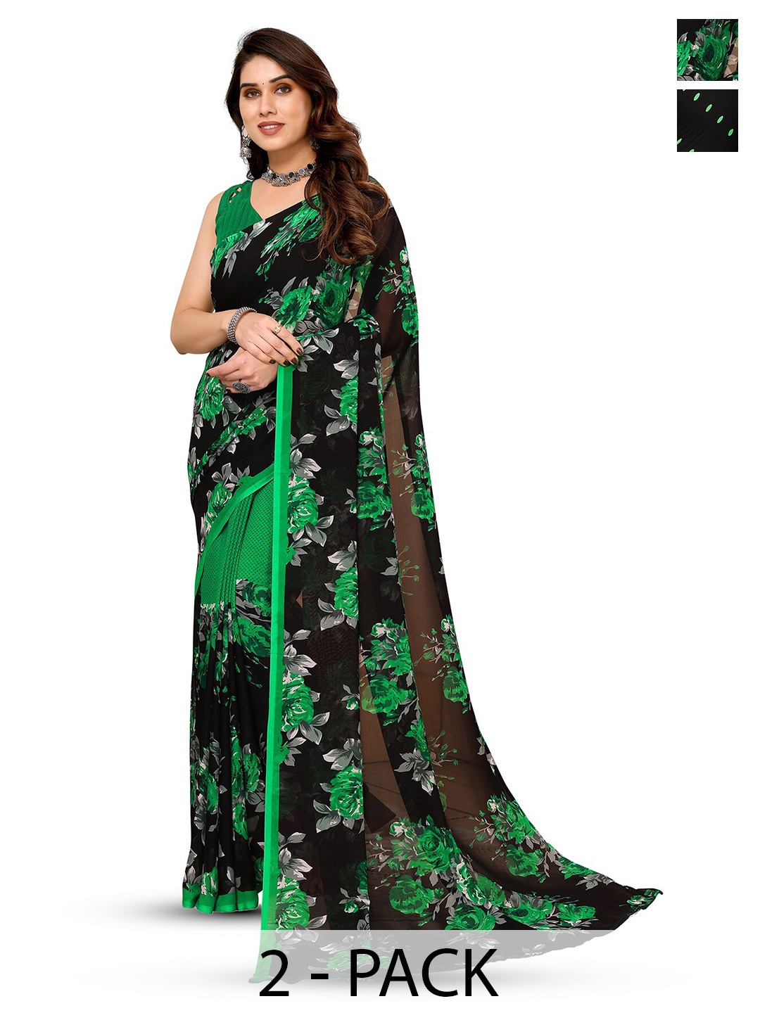 

ANAND SAREES Selection of 2 Floral Printed Sarees, Black