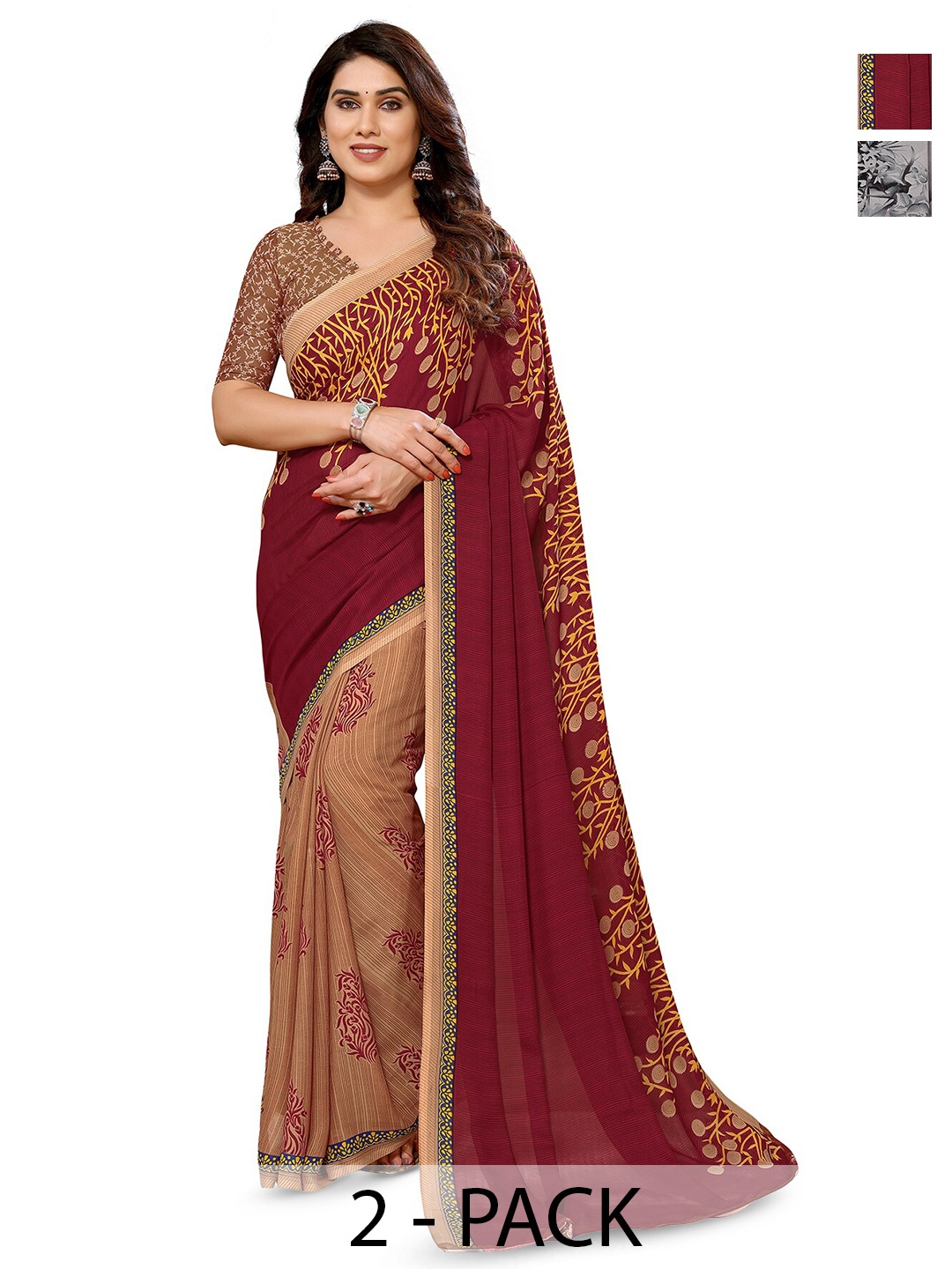 

ANAND SAREES Selection of 2 Floral Printed Sarees, Grey