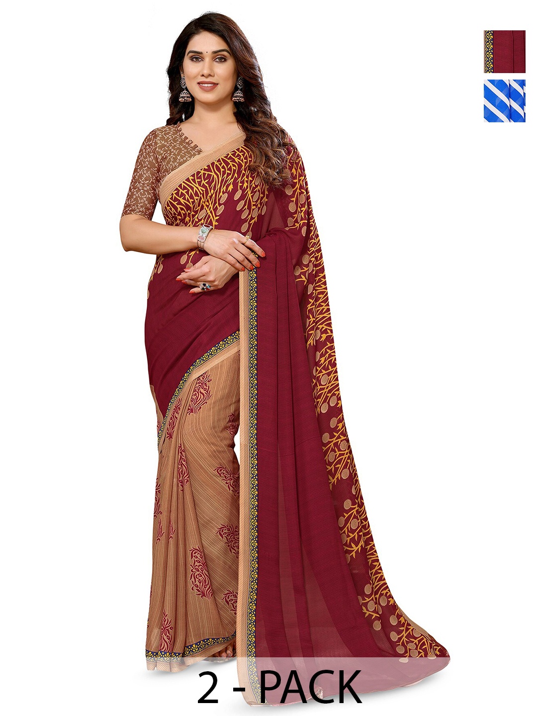 

ANAND SAREES Selection of 2 Floral Printed Half & Half Sarees, Beige