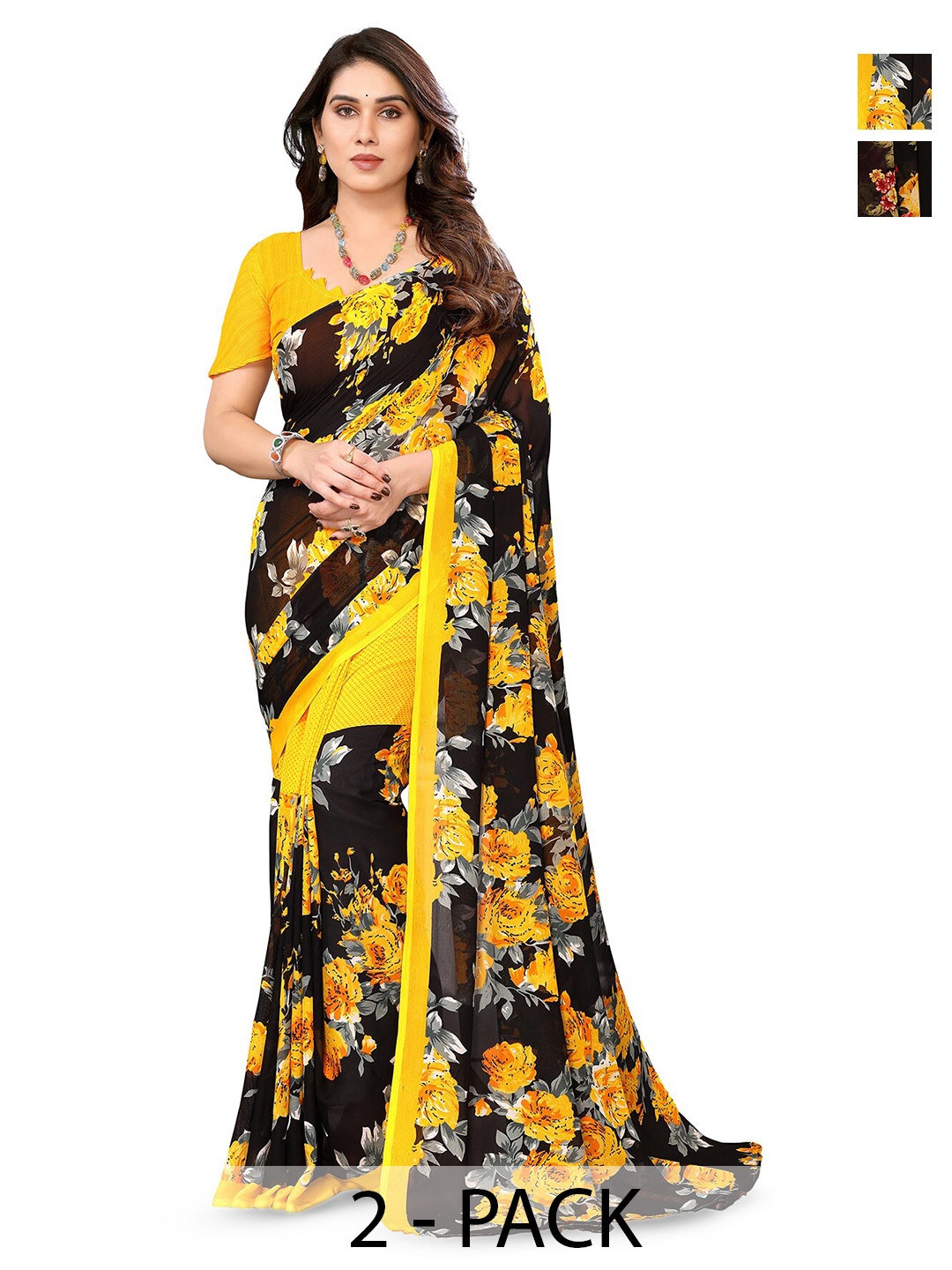 

ANAND SAREES Selection of 2 Floral Printed Sarees, Yellow