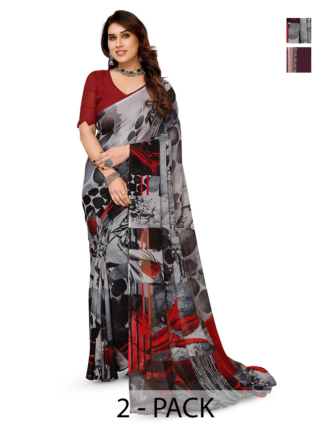 

ANAND SAREES Selection of 2 Floral Printed Sarees, Grey