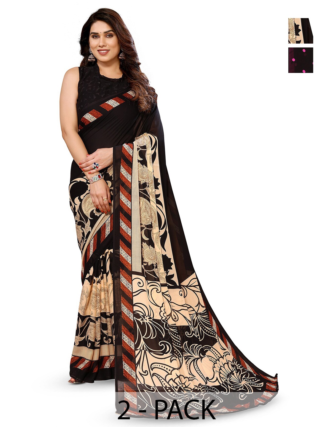 

ANAND SAREES Selection of 2 Floral Printed Sarees, Beige