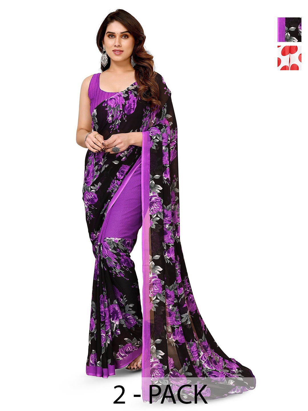 

ANAND SAREES Selection of 2 Floral Printed Sarees, Red