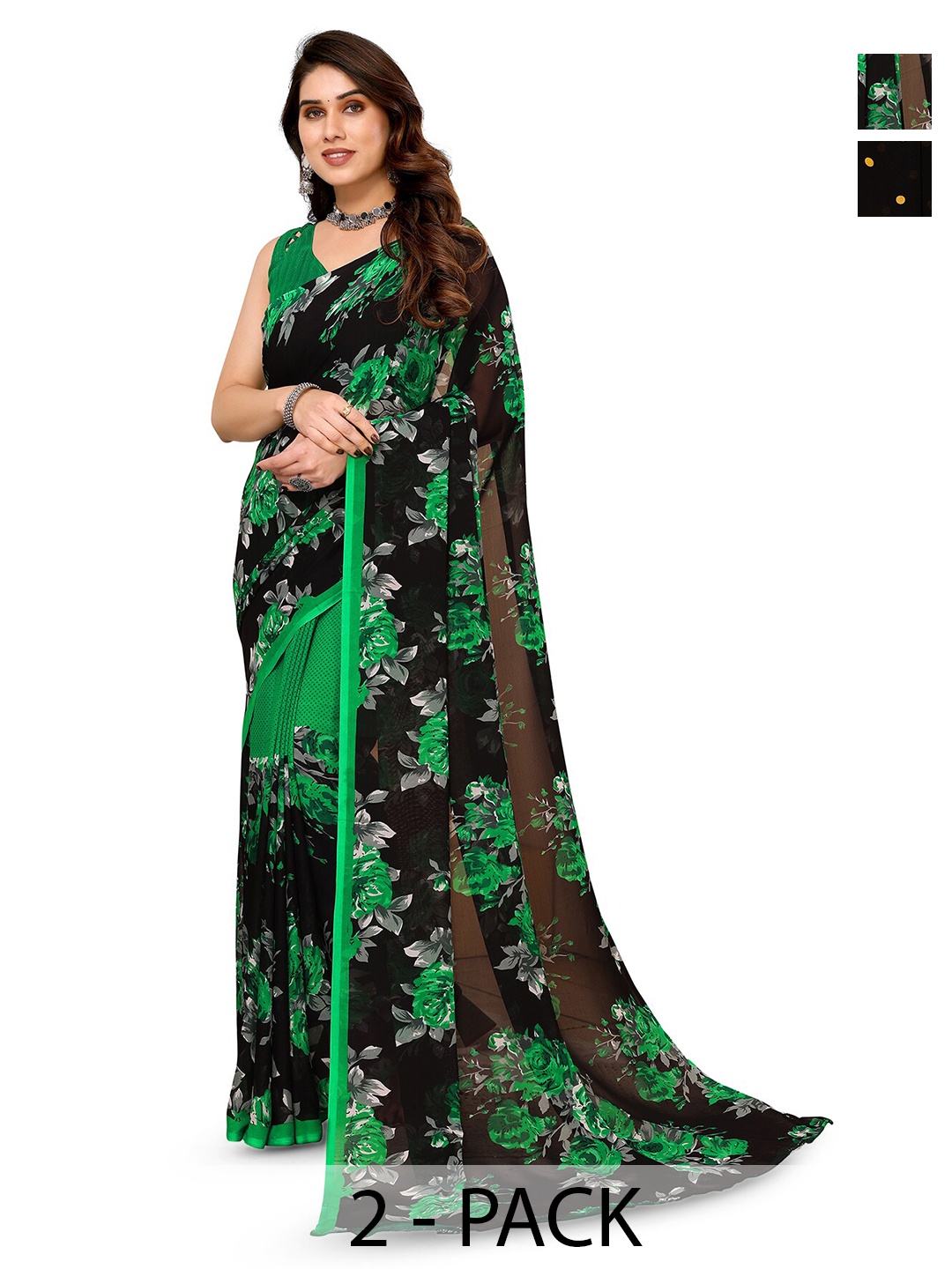 

ANAND SAREES Selection of 2 Floral Printed Sarees, Green