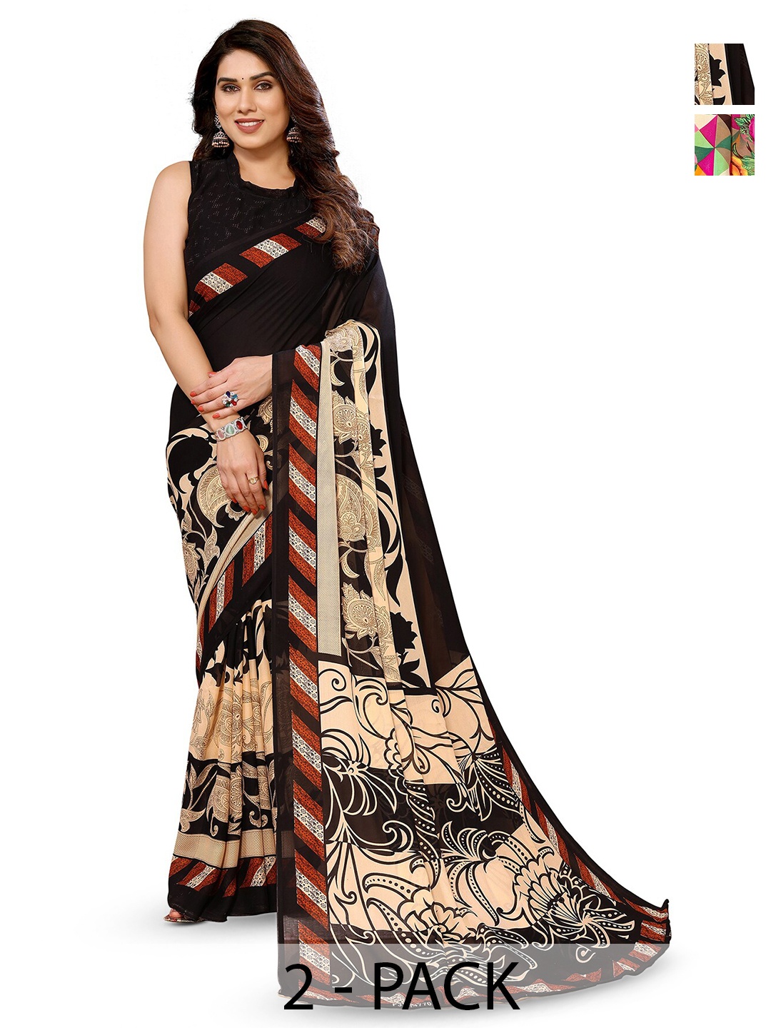 

ANAND SAREES Selection Of 2 Geometric Printed Sarees, Black