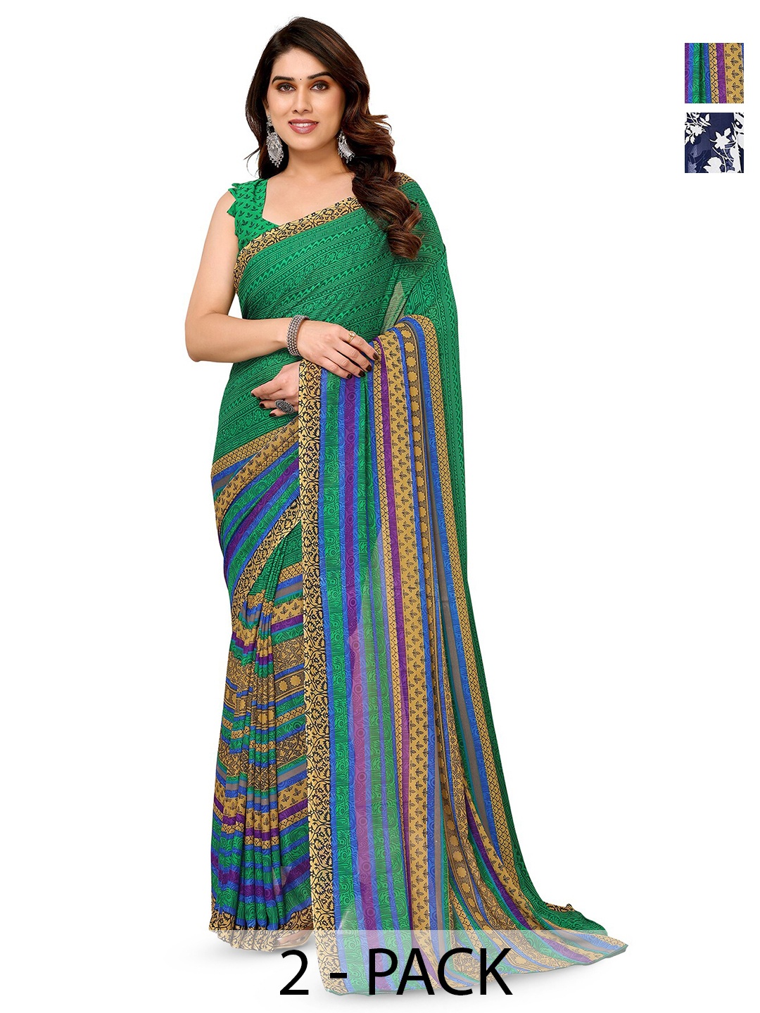 

ANAND SAREES Selection Of 2 Floral Printed Sarees, Green