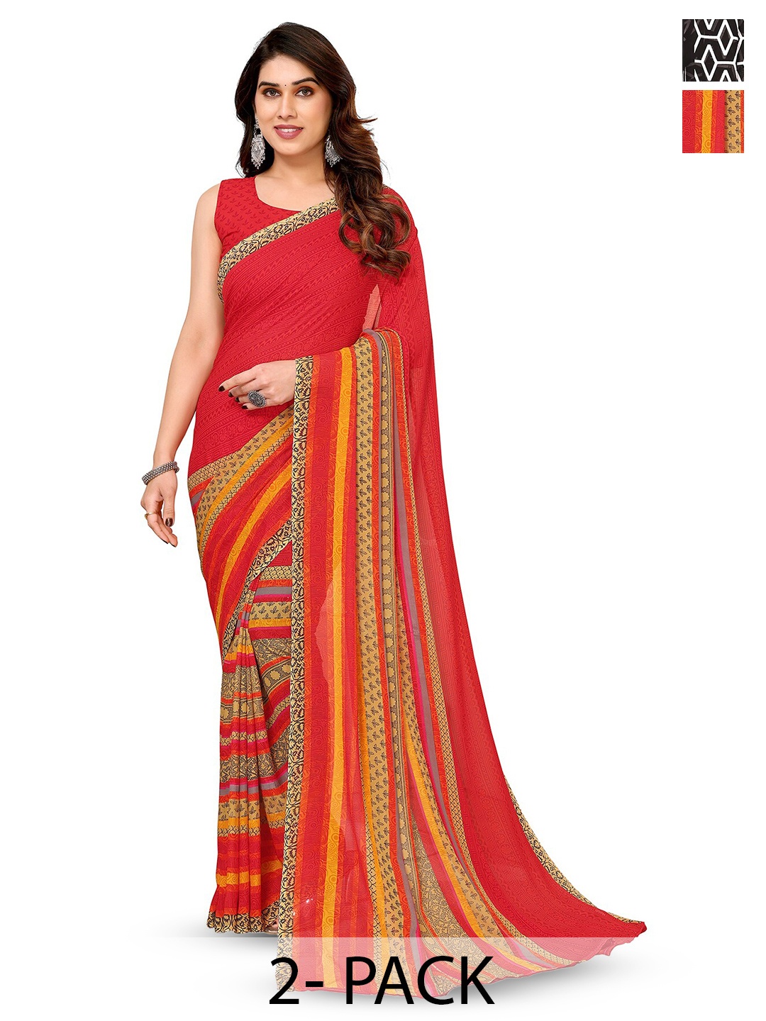 

ANAND SAREES Selection Of 2 Geometric Printed Sarees, Black