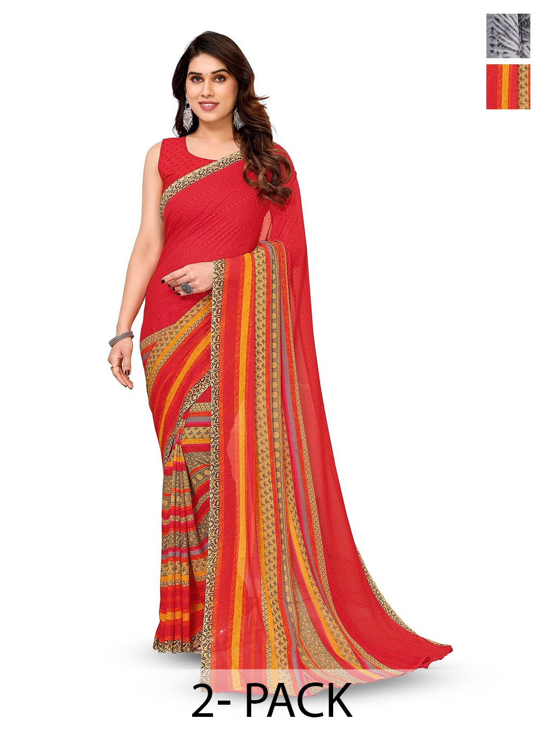 

ANAND SAREES Selection Of 2 Floral Printed Sarees, Red