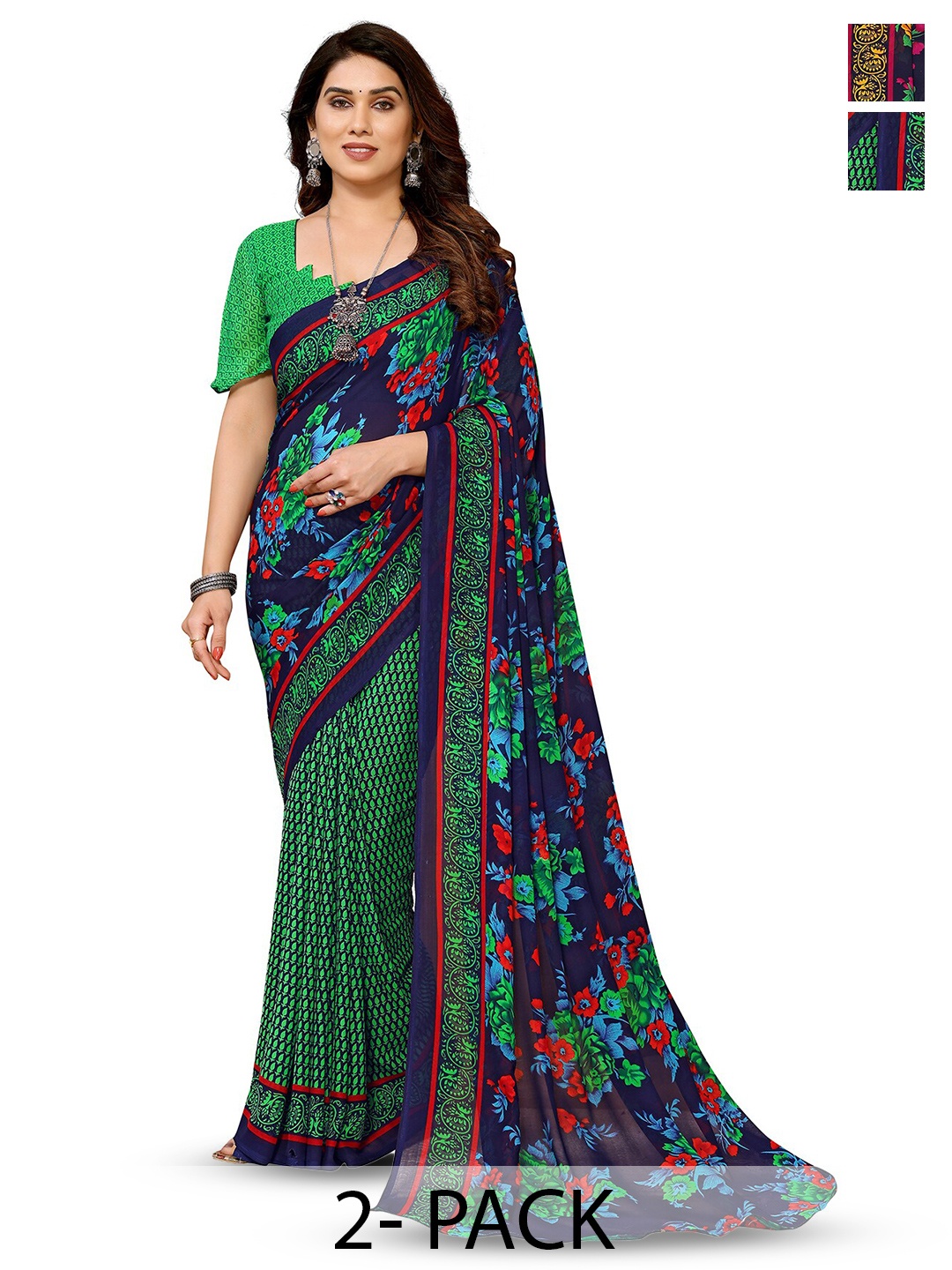 

ANAND SAREES Selection Of 2 Floral Sarees, Green